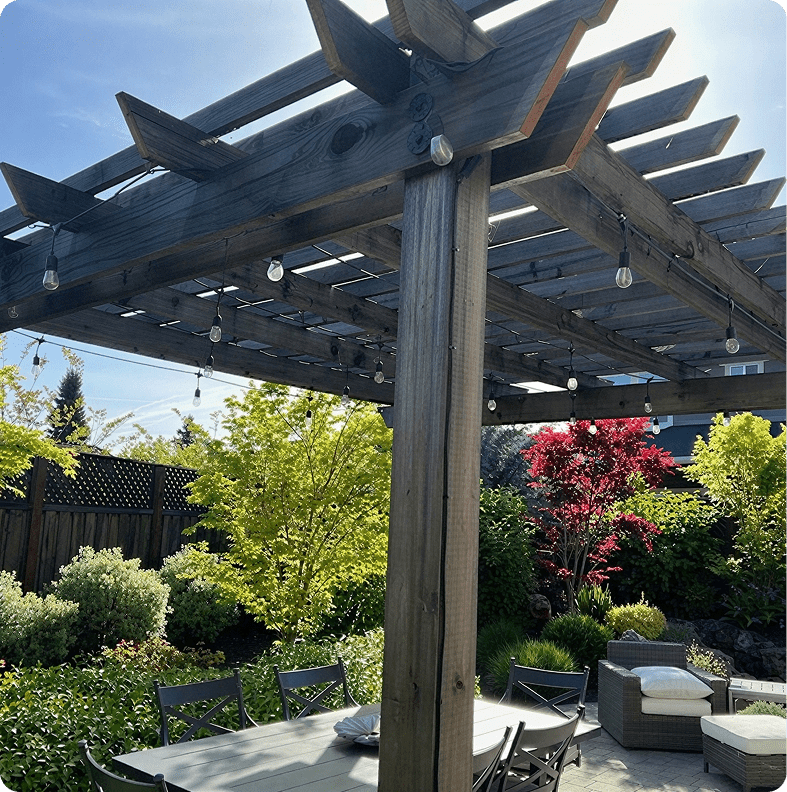 Outdoor seating under wooden pergola